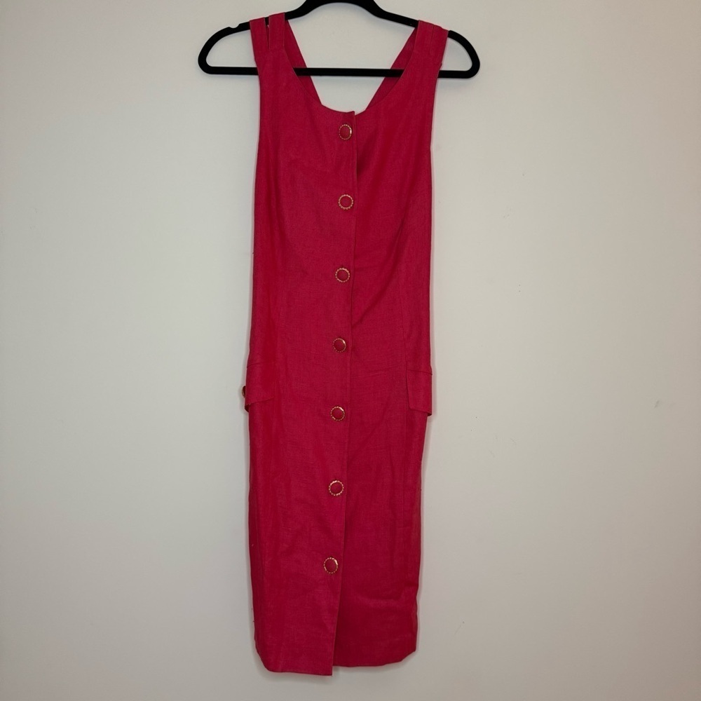 VTG 100% Linen Lagenlook Preppy Old Money Aesthetic Pink Strappy Pinafore Dress